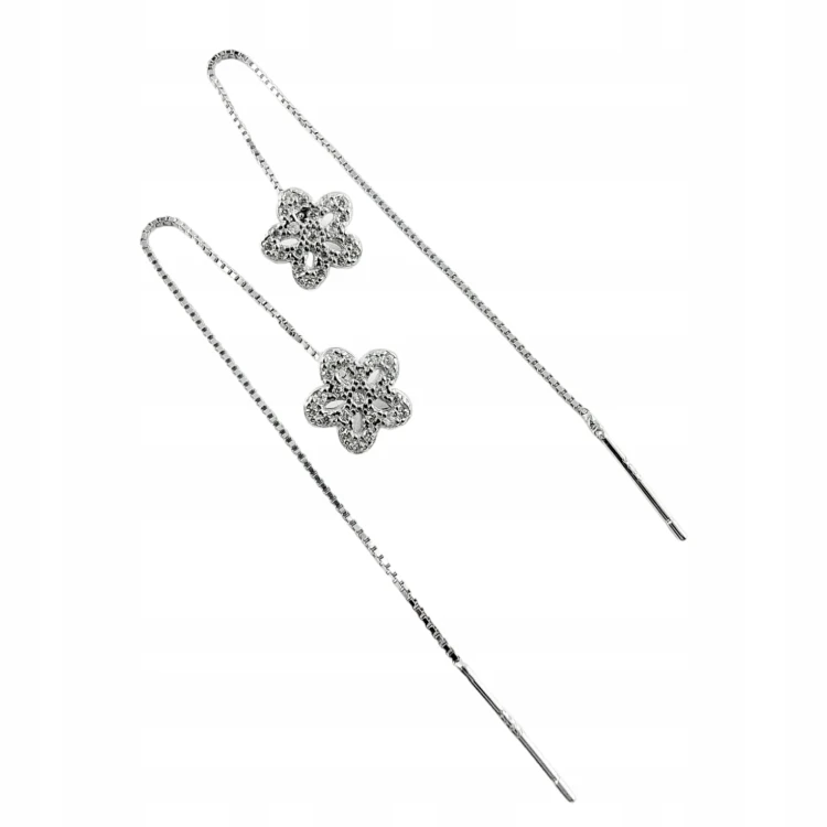 KOLCZYKI PRZECIĄGANE NA ŁAŃCUSZKU KWIAT KWIATEK SREBRO 925