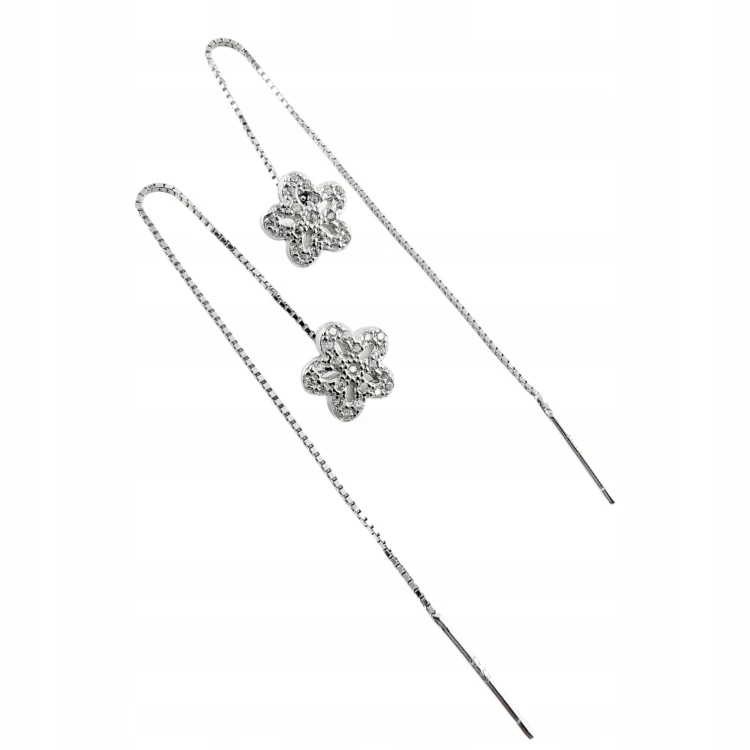 KOLCZYKI PRZECIĄGANE NA ŁAŃCUSZKU KWIAT KWIATEK SREBRO 925