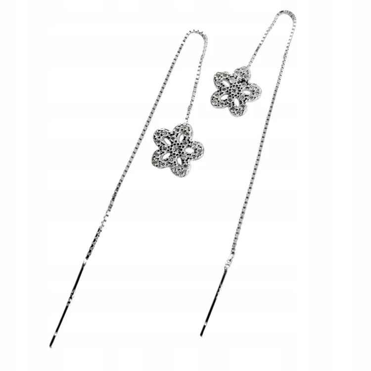 KOLCZYKI PRZECIĄGANE NA ŁAŃCUSZKU KWIAT KWIATEK SREBRO 925