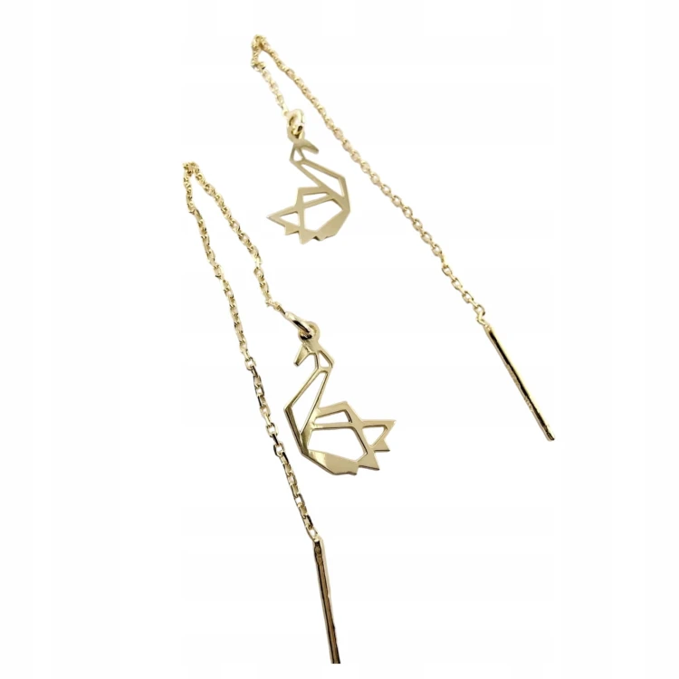 KOLCZYKI PRZECIĄGANE NA ŁAŃCUSZKU ŁABĘDŹ PTAK SREBRO 925 ZŁOCONE