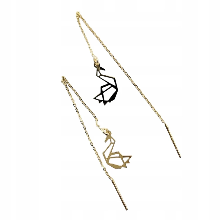 KOLCZYKI PRZECIĄGANE NA ŁAŃCUSZKU ŁABĘDŹ PTAK SREBRO 925 ZŁOCONE