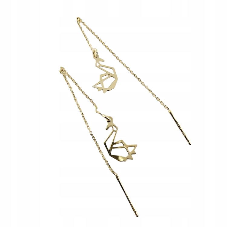 KOLCZYKI PRZECIĄGANE NA ŁAŃCUSZKU ŁABĘDŹ PTAK SREBRO 925 ZŁOCONE