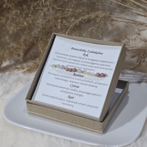 Bransoletka Zodiakalna Byk: Miłość i Kreatywność - Rodonit, Cytryn, Agat